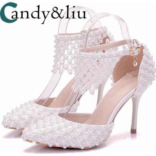 White Lace and Pearl Beaded Wedding Shoes Pointed Toe Ankle Mesh Tassle High Heel Sandals for Bridesmaid Bridal Girls Lady