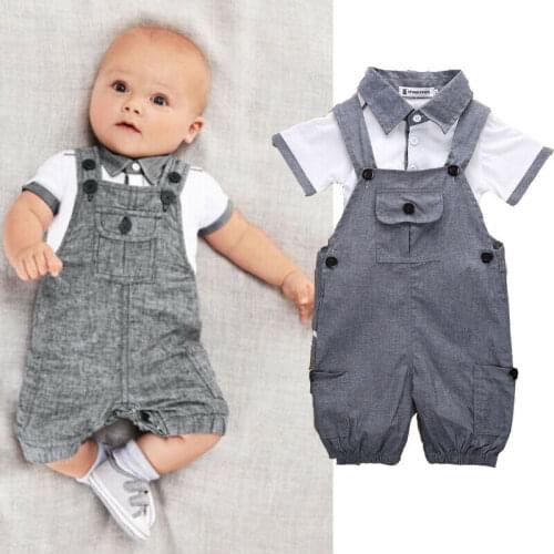 Free shipping Newborn Toddler Baby Boys clothes turn-down collar short sleeve T-shirts strap Button pocket Pants 2pc cute Outfit