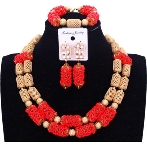 Sparkling Gold African Bridal Set Red Dubai Jewelry Sets Gold Color 2018 Nigerian Beads Set Jewelry Rose Wedding Necklace Set