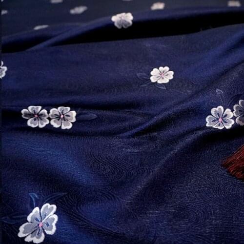 CF925 Dark Blue Peach Blossom Chinese Silky Brocade Stain Fabric Chinese Style Clothes/Home Textiles Jacquard Brocade Fabrics
