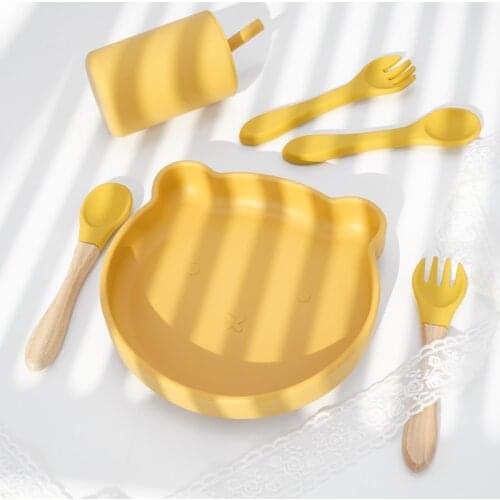 Baby Gift Kawaii Cartoon Childrens Tableware Bear Dinner Plate Feeding Dishes Plates Silicone Fork Spoon Newborn Accessories