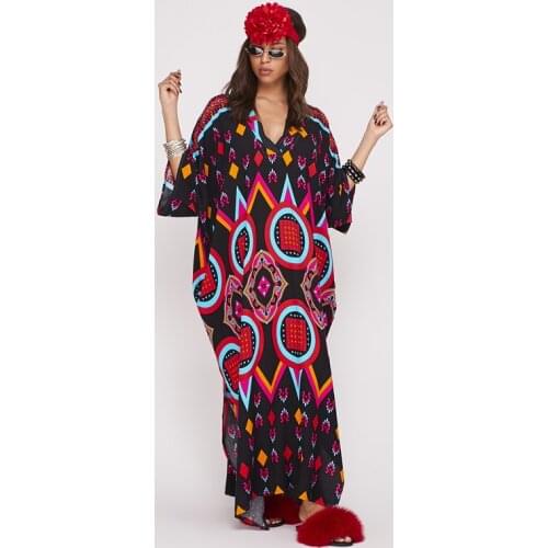 V Neck Mixed Pattern Viscose Fabric Long Black Dress 2021 Womens Fashion Authentic Clothing With Plus Size Options Xs To 5x