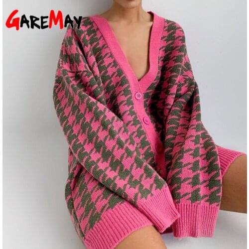 Knitted Oversize Womens Cardigan Autumn Plaid V-neck Sweater Knit Coat Black Button Up Vintage Warm Long Cardigan for Women