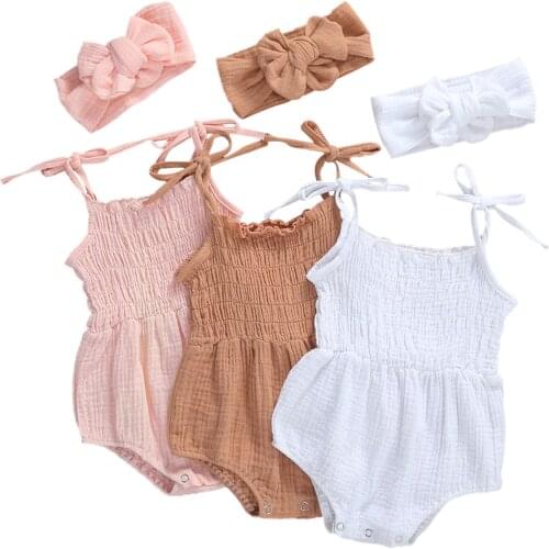 0-18M Newborn Baby Girls Boys Bodysuits Solid Sleeveless Belt Jumpsuits Headband 2pcs 3 Colors Summer Outfits