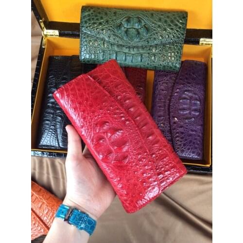 100% genuine alligator skin leather long big size women wallet purss trifold long size bank credit card holder case red purple
