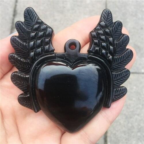 Beautiful crystal carvings natural hand-carved obsidian stone Angel wings heart necklace fashion jewelry gifts 1pcs