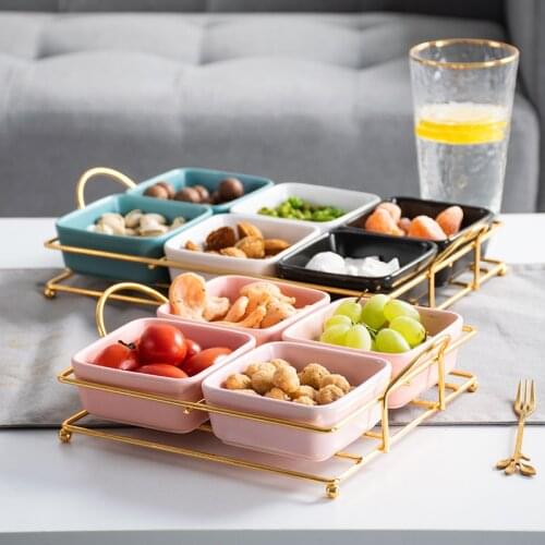 Creative Separated Fruit Plate Simple Iron Ceramic Square Plate Dried Fruit Snack Platter Household Tableware Storage Tray