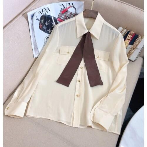 Fashion 2021 new ladies long sleeve sexy casual solid color lapel ribbon silk shirt 1207