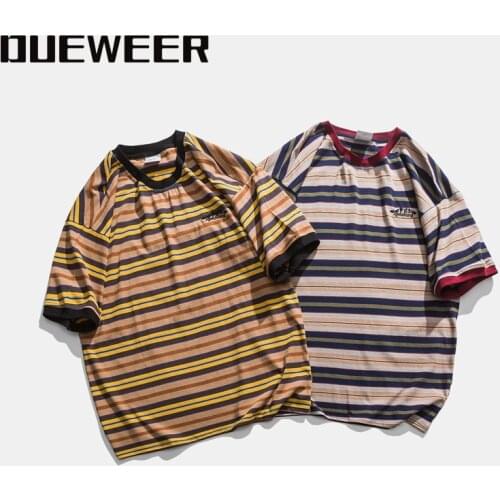 Dueweer Mens T-shirts Tees Tops Harajuku Striped Summer Loose Casual Short Sleeve Cotton T-shirt Tee Top Streetwear