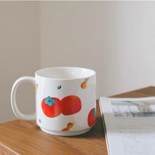 Coffee Mug Set Ceramic Tasse Double Paroi Breakfast Japanese Healing Style Hand-Painted Persimmon Peanut Cap Plate Frascos