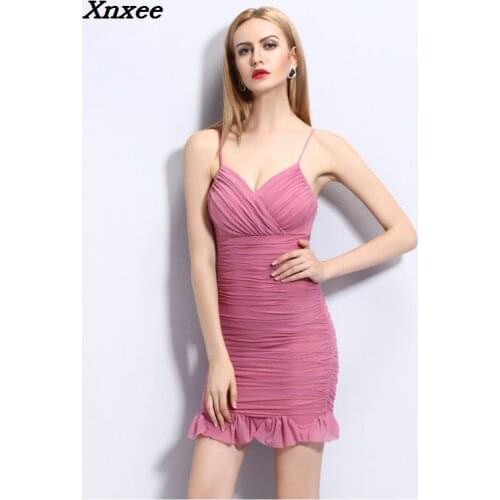 2018 New Summer Dress Sexy V Neck Cocktail Party Dresses Spandex Dress Ruffles Straps Prom Gowns Slim Midi Club Vestidos