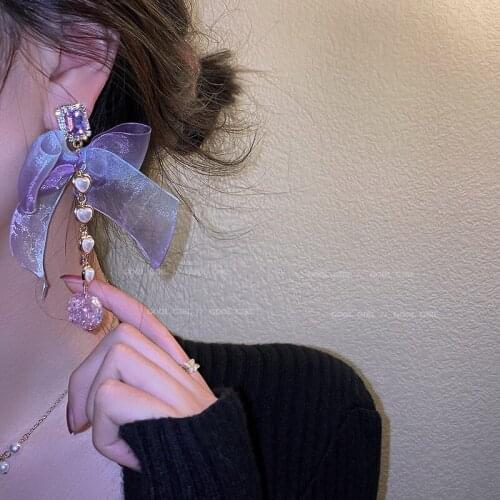 South Koreas new summer exaggerated purple bow earrings feminine temperament popular all-match jewelry for women