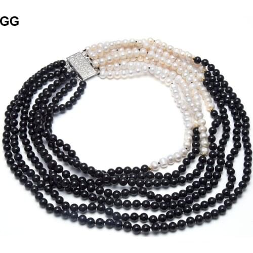 GG Jewelry Natural White Pearl Black Onyx Necklace 7 Rows 18" Multi Strands Pearl Necklace For Women