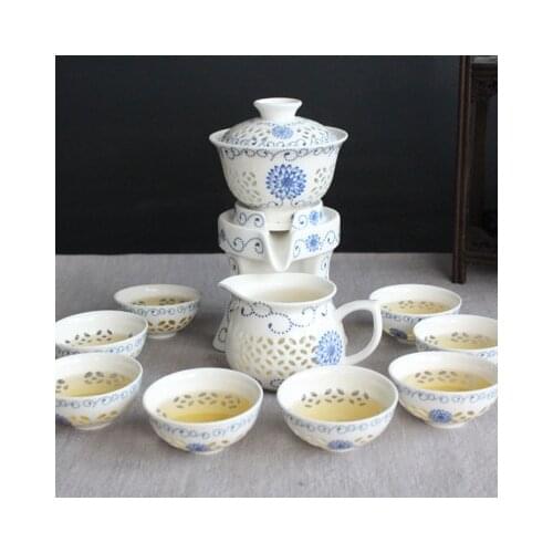Complete Set Of Anti-scalding Semi-automatic Tea Set Linglong Blue And White Hollow Ceramic Kungfu Black Tea Lazy Tea Teaware