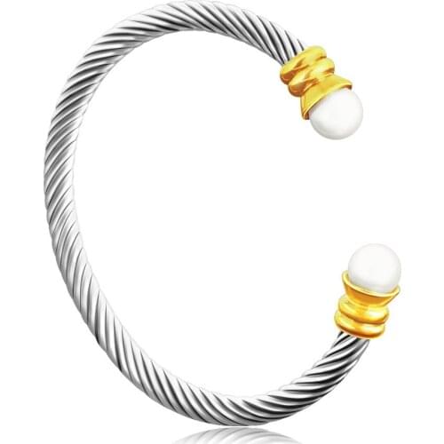 Simple Stainless Steel Open Charm Cuff Bracelets Bangles Pearl Female Fashion Jewelry Brand Braided Chain Link Sporty Bracelets