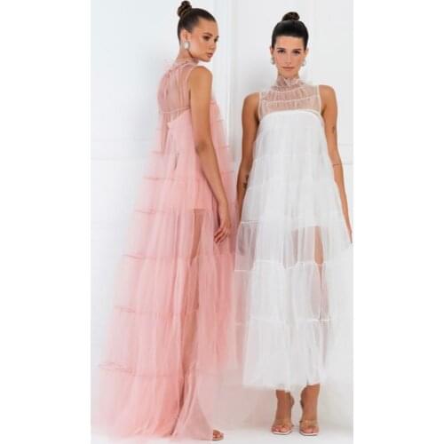 Pukguro A Line Evening Dress Tulle Tiered Elegant Illusion Womens Formal Party Gowns High Neck Sleeveless Casual Vestidos