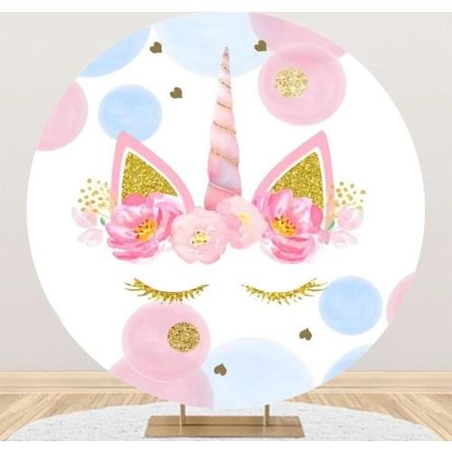 Pink Floral Unicorn Round Backdrop Girl Princess Birthday Party Cake Table Decor Circel Photo Background Customize