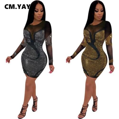 CM.YAYA Hot Rhinestones Mesh Patchwork See Though O-neck Midi Bodycon Dress for Women Sexy Club Party Night Long Sleeve Dresses