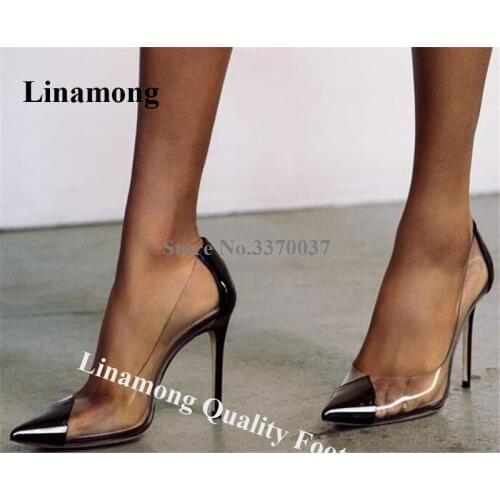 Linamong Brand Design Pointed Toe PVC Patchwork Stiletto Heel Pumps Transparent Slip-on High Heels Formal Dress Wedding Shoes