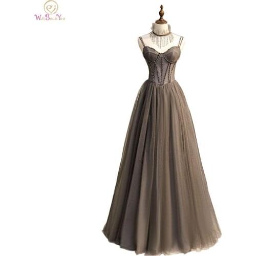 Evening Gowns with Necklace Debut Vintage Prom Dresses Summer Gray Elegant Beading Spagnetti Strap Sweetheart Long Transparant