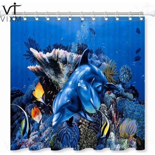 Dolphin Deep Sea Shower Curtain Ocean Scene Waterproof Bathroom Curtain Polyester Fabric Bathing Curtain Decor Shower Sets
