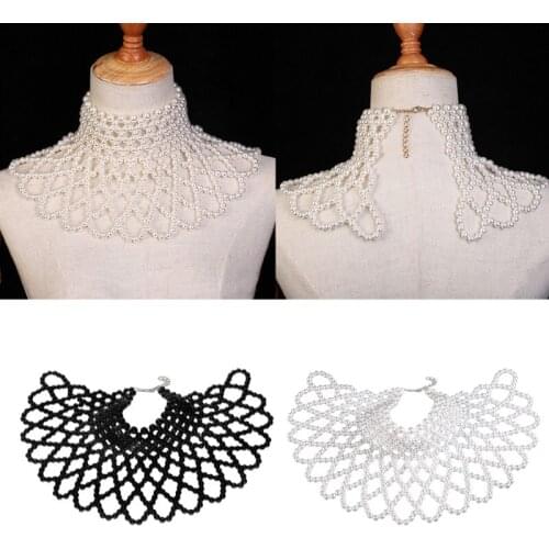 Women Imitation Pearl Beaded Bib Choker Necklace Body Chain Shawl Collar Jewelry Female Party Luxurious Decorative Costume Acces