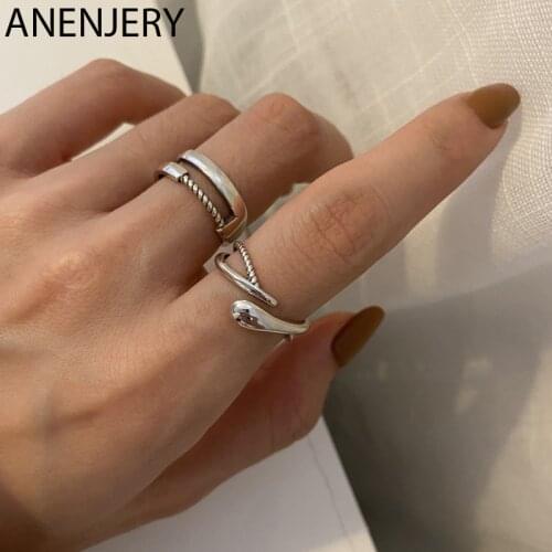 ANENJERY 925 Sterling Silver Cross Twist Thread Drop Rings Female Vintage Geometric Combination Open Rings Creative Jewelry