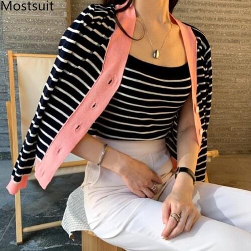2020 Autumn Korean Striped Color-blocked Two Piece Sets Women Long Sleeve Cardigan + Vest Suits Fashion Casual Ladies Sets Femme