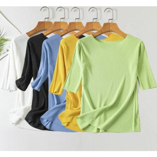Summer Slash Neck Short Sleeve T Shirt Women Thin Knitted Sweater Ice Silk Solid Color Knitting Elasticity Big Size Tee Tops