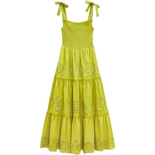 Za 2021 Summer women Hollow Out Embroidery Lace-up Dresses Fashion casual Elastic Bandage Vestidos Pleated Bow Strap Midi Dress