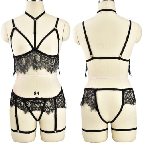 Women Black Lace Body Harness garter Set Bdsm Bondage Lingerie Elastic Adjust Harness Punk Goth Fetish wedding Lace garter belt