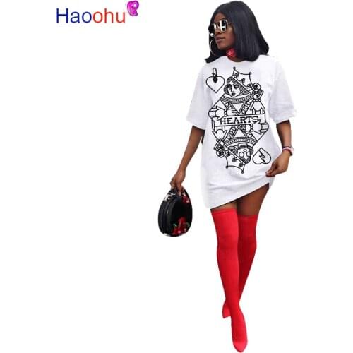HAOOHU Women Short Sleeve O-neck Spade Q Black Queen Print T-shirt Dress Vintage Fashion Tee Dresses Vestidos