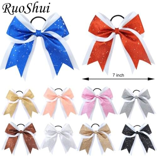 12pcs/lot 7" Girls Fashion Sequin Cheerleading Hair Bow Glitter Grosgrain Ribbon Bows Women Elastic Band Ponytail Hair Holder