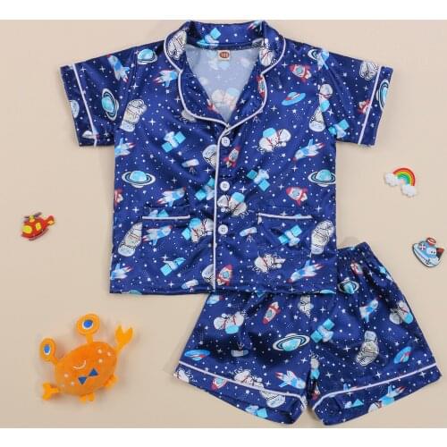 2 Pieces Nightwear Set Kids Cartoon Patterns Tailored Collar Short Sleeve Tops+Pyjama Pants for Summer 1-6 Years