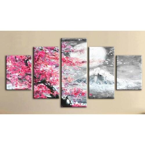 Pink Blossom Sakura Flower Moon 5 Pcs Canvas Picture Print Wall Art Canvas Painting Wall Decor for Living Room Poster No Framed