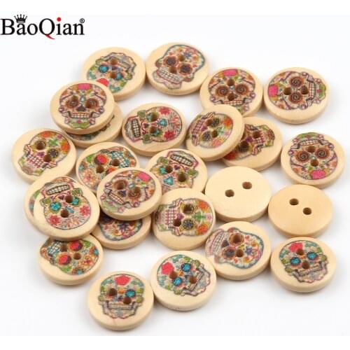 50Pcs 15mm Skull Painted 2 Hole Round Wooden Buttons For Crafts Scrapbooking Clothing Decoration Sewing Accessory Wood Button