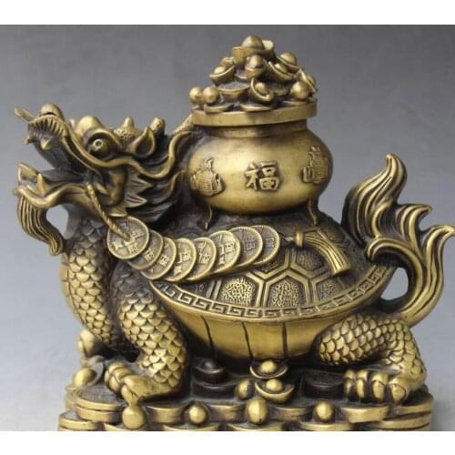 9" Chinese Fengshui Bronze Wealth Treasure Bowl Dragon Tortoise Turtle Statue