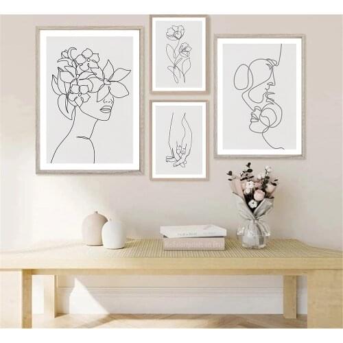 Couple Hands Abstract Face Print Flower Female Body Line Canvas Painting Minimalist Wall Art Poster Pictures Living Room Decor