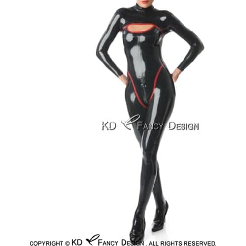 Black And Red Sexy Latex Catsuit With Feet Socks Trims At Front Back Zip Rubber Bodysuit Zentai Overall Body Suit LTY-0255