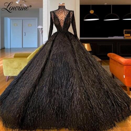 Black Turkish Islamic Beading Feather Evening Dresses Robe De Soiree 2020 Arabic Pageant Party Dress Dubai Women Prom Gowns
