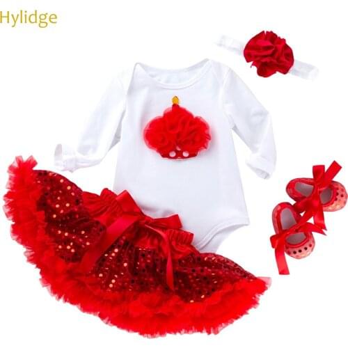 Hylidge 4PCS/set 0-2 years Toddler Girl Christmas Dresses Newborn Baby Girl Bodysuit Sequined Red Tutu Skirt Shoes Baby Suit