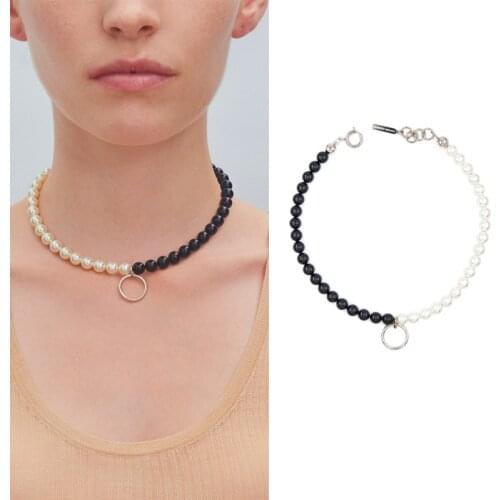 Ins headwear black and white contrast pearl ring pendant short necklace female Choker clavicle Chain Necklace