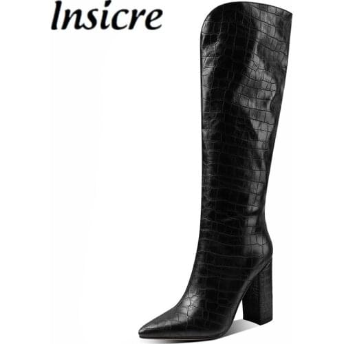 Insicre Women Knee High Boots 2021 Winter Stone Pattern Pointed Toe Big Size 43 Thick High Heel Shoes Pu Leather Slip On