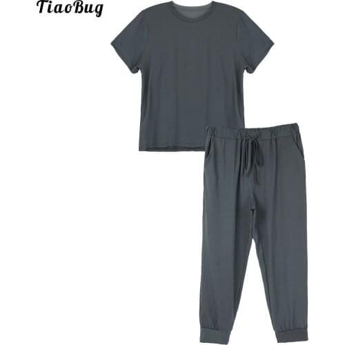 Summer 2Pcs Women Casual Yoga Suit Round Neck Short Sleeves T-Shirt Elastic Waistband With Drawstring Slant Pockets Harem Pants