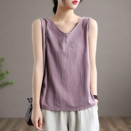 Cotton Line Tanks Camis Women Summer Top V-neck Large Size Loose Casual Mom Vest Sleeveless Solid Woman T-shirts Streetwear