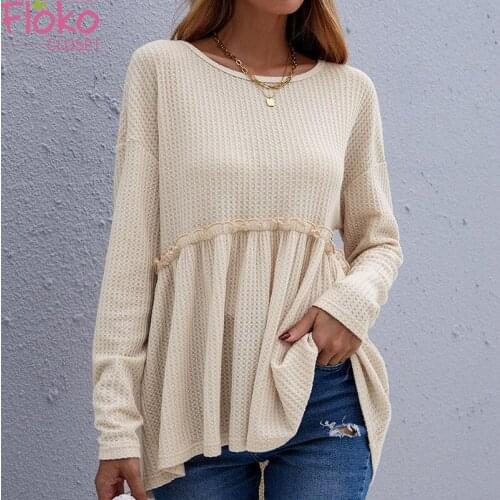Flokocloset Autumn O-Neck Solid Color Waffle Pleated Pullovers Casual Long Sleeve Women Knitted Sweater Tops