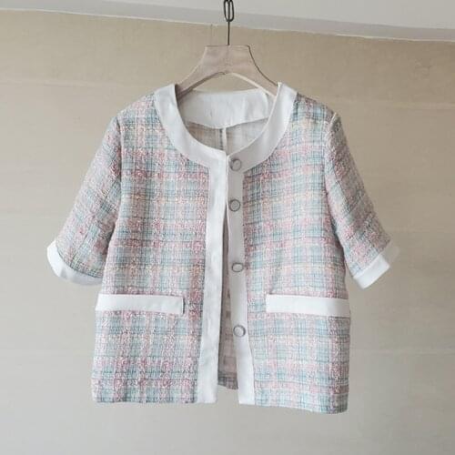 Summer Vintage Short Sleeve Plaid Woolen Coat Women Tweed Jacket Fashion Korean Elegant Chic Outwear Crop Top Chaqueta Mujer