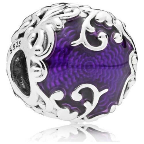 Genuine 925 Sterling Silver Bead Charm Purple Enamel Regal Pattern Enchanted Castles Gates Beads Fit Pan Bracelet & Necklac