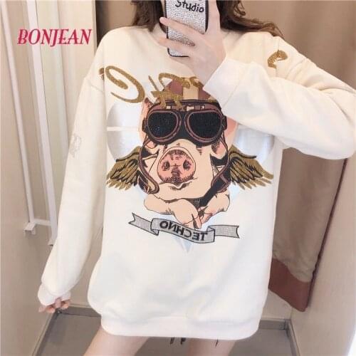 2020 Christmas Funny Cartoon Pig Printing Oversized Pullover Crewneck Sweatshirt Womens Winter Tops Clothes for Teens Hoodies