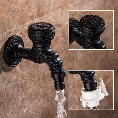 Carved Wall Mount Brass Decorative Outdoor Garden Faucet Black Bibcock Bathroom Washing Machine Mop Tap Antique WC Faucet